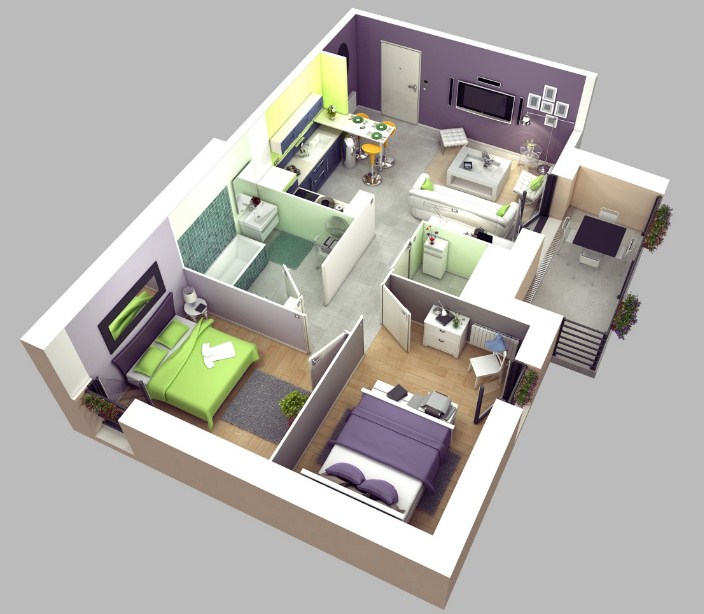 13 Denah 3D Apartemen Minimalis 2 Lantai 3 Kamar | RUMAH IMPIAN